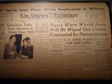 Holocaust Museum - LA newspaper 1938 - Nazi's warning about what will happen if Jews are not taken by developed countries